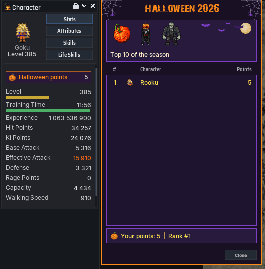 The game client's character window with Halloween points and the season's top 10 ranking window.