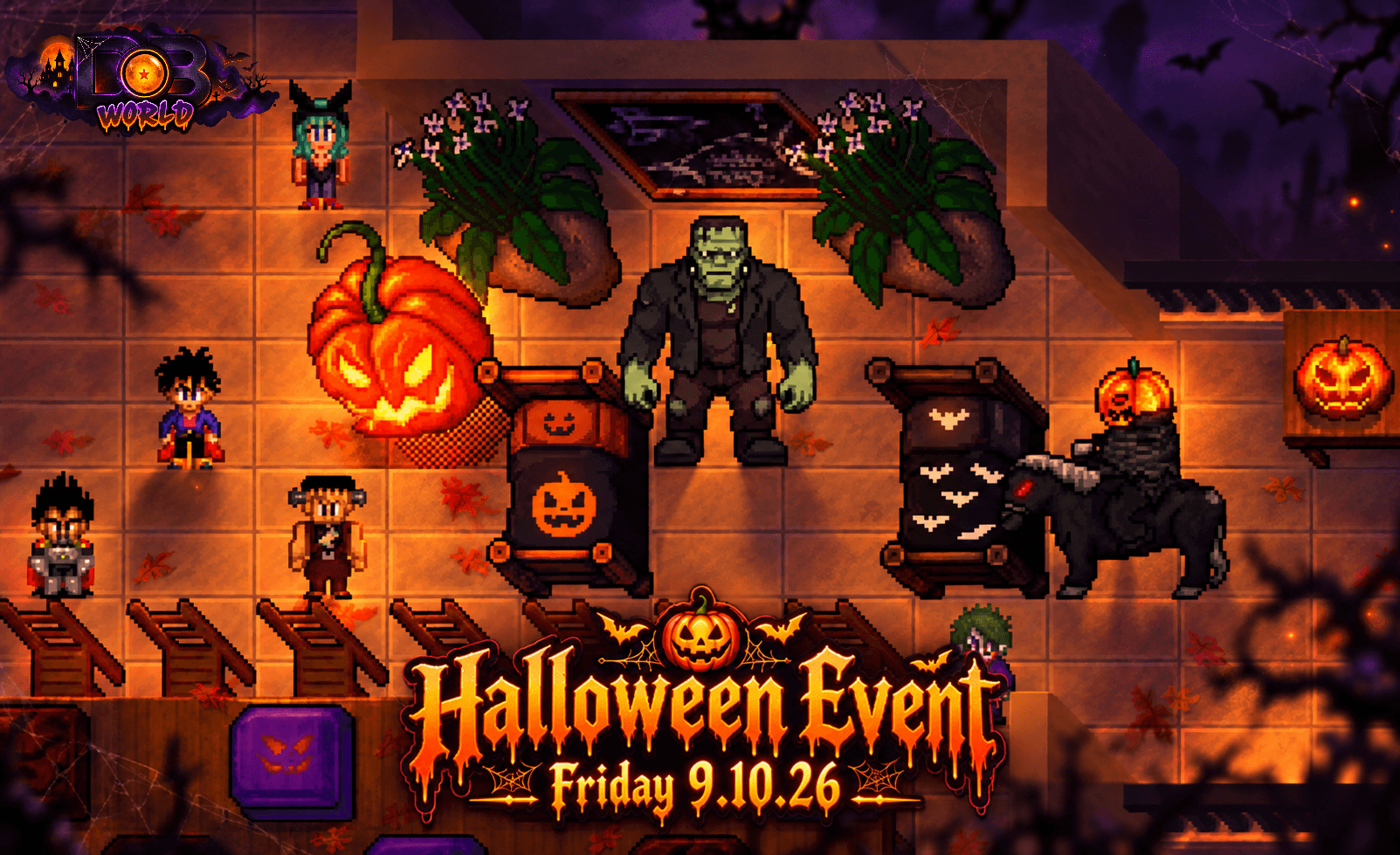 Halloween 2026 artwork with Frankenstein, the Headless Horseman, a giant jack-o'-lantern and Halloween beds.